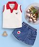 LACKii DOLL Cotton Blend Denim Sleeveless Cherry Applique Detailed Polo Top & Denim Shorts Set - Cream