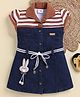 LACKii DOLL Denim Knit Half Sleeves Placement Striped & Bunny Applique Detailed Dress - Brown