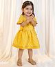 VASTRAMAY Viscose Woven Half Puffed Sleeves Floral Ethnic Foil Printed Dress With Bloomers & Headband - Yellow