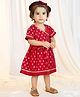 VASTRAMAY Viscose Woven Half Puffed Sleeves Floral Ethnic Foil Printed Dress With Bloomers & Headband - Red