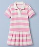 UCB 100% Cotton Knit Frock with Half Sleeves, Benetton Club Embroidery and Striped Pattern in Pink