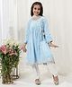 Little Bansi Pure Cotton Woven Three Fourth Sleeves Butterfly Embroidered Angrakha Style Kurti & Pyjama With Dupatta Set - Blue