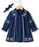 Babyhug Cotton Woven Shirt Style Frock and Headband with Full Sleeves and Floral Embroidery in Navy Blue