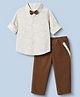 Babyhug 100% Cotton Woven Full Sleeves Printed Shirt and Pant Set With Bow & Suspender - White