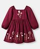 Babyhug Cotton Woven Full Sleeves One Piece Dress with Full Sleeves and Floral Embroidery in Maroon