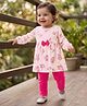 Doodle Poodle 100% Cotton Full Length Frock and Legging with Full Sleeves, Bow Applique and Floral Print in Pink for 3-6 Months