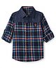 Under Fourteen Only Full Sleeves Plaid Checked & Giraffe Motif Embroidered Shirt - Navy Blue