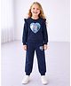 Tiara Fleece Knit Full Sleeves  Sequins Embellished Heart Designed Sweatshirt & Joggers Set - Navy Blue