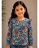 Tiara Cotton Spandex Knit Full Sleeves Floral Printed Top - Navy Blue