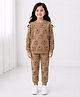 Tiara Fleece Knit Full Sleeves Elephant Printed Coordinating Sweatshirt & Joggers Set - Brown