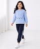 Tiara Cotton Jersey Knit Full Sleeves Animal Face Embroidered Sweatshirt & Joggers Set - Blue & Black