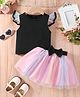 The Kids Club Cotton Knit Frill Sleeves Bow Applique Detailed Top & Skirt Set - Black & Pink