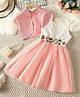 The Kids Club Cotton Knit Sleeveless Floral Embroidered Dress With Shrug Set - White & Pink