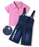 OLLINGTON ST. Cotton Sinker Knit Denim Dungaree and Polo T-Shirt with Half Sleeves and Laugh Today Text Print - Pink & Indigo