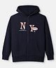 UCB Cotton Mixes Knit Front Zipper Hooded Sweatshirt with Full Sleeves and N Y Colors Embroidered Patch - Navy Blue