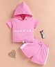 I Love Mom Cotton Blend Knit Half Sleeves Glow Up Text Puff Printed Hooded Tee & Shorts Set - Pink