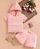 I Love Mom Cotton Blend Knit Half Sleeves Glow Up Text Puff Printed Hooded Tee & Shorts Set - Peach