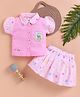 I Love Mom Cotton Knit Half Puffed Sleeves Floral Applique Detailed & Schiffli Embroidered Top & Skirt Set - Pink