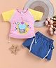 I Love Mom Cotton Blend Knit Half Sleeves Cupcake Printed Tee & Skirt Set - Pink