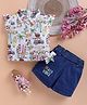 I Love Mom Cotton Blend Knit Cap Sleeves Bow Applique Detailed & Tropical Theme Printed Top & Shorts Set - White