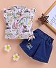 I Love Mom Cotton Blend Knit Cap Sleeves Bow Applique Detailed & Tropical Theme Printed Top & Shorts Set - Pink