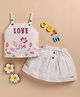I Love Mom Cotton Knit Sleeveless Love Text & Floral Embroidered Top & Skirt Set - Red & White