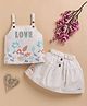 I Love Mom Cotton Knit Sleeveless Love Text & Floral Embroidered Top & Skirt Set - Brown & White