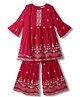 EARTHY TOUCH Woven Three-Fourth Sleeves Kurta & Gharara Set With Floral Embroidery & Dupatta - Dark Pink