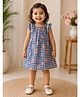 mini miao Blended Woven Frill Sleeves Floral Printed Checked Dress - Navy Blue