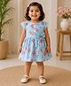 mini miao Blended Woven Cap Sleeves Floral Printed Checked Dress - Blue