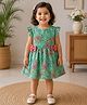 mini miao Blended Woven Frill  Sleeves Bow Applique Detailed Floral Printed Dress - Green