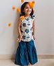 DULAAR Chanderi Woven Sleeveless Floral Printed Kurti & Sharara Set - Blue