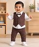BUMZEE Cotton Knit Full Sleeves Polka Dots Printed Shirt Pants Set With Waistcoat & Attached Bow - White & Brown