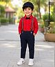 BUMZEE Cotton Knit Full Sleeves Solid Shirt Trouser With Suspender Bow & Cap Set - Red & Navy