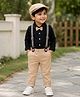 BUMZEE Cotton Knit Full Sleeves Solid Shirt Trouser Set With Suspender Bow & Cap Set - Black & Beige
