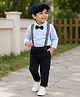 BUMZEE Cotton Knit Full Sleeves Solid Shirt Trouser Set With Suspender Bow & Cap Set - Sky Blue & Navy