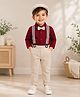BUMZEE Cotton Knit Full Sleeves Solid Color Shirt With Trouser Suspender Bow & Cap Set - Maroon & Beige
