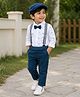 BUMZEE Cotton Knit Full Sleeves Dandelions Printed Shirt Trouser With Suspender Bow & Cap Set - White & Teal