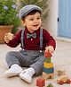 BUMZEE Cotton Knit Full Sleeves Solid Shirt Trouser With Suspender Bow & Cap Set - Maroon & Grey