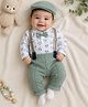 BUMZEE Cotton Knit Full Sleeves Tree Printed Onesie Trouser With Suspender Bow & Cap Set - White & Green