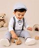 BUMZEE Cotton Knit Full Sleeves Checked Onesie Trouser With Suspender Bow & Cap Set - White & Grey