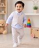 BUMZEE Cotton Knit Full Sleeves Polka Dots Printed Shirt Pants Set With Waistcoat & Attached Bow - Blue & Beige
