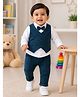 BUMZEE Cotton Knit Full Sleeves Polka Dots Printed Shirt Pants Set With Waistcoat & Attached Bow - White & Teal