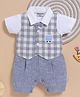 Wonderchild Interlock Woven Half Sleeves Checked Party Romper With Bear Applique - White
