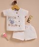 Wonderchild Interlock Knit Woven Half Sleeves Shirt & Shorts Set With Text Print & Bear Applique - Cream
