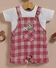 Wonderchild Interlock Woven Half Sleeve T-shirt & Checked Dungaree With Teddy Bear Patch - Red & White