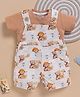 Wonderchild Interlock Woven Half Sleeves T-shirt with Dungaree & Bear Print - Brown & White