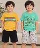 3PIN 100% Cotton Knit Pack Of 2 Half Sleeves Bike & Striped Printed Tees & Shorts Set - Mustard Yellow & Mint Green