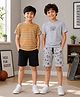 3PIN 100% Cotton Knit Pack Of 2 Half Sleeves Striped & Yoke Text Printed Tees & Shorts Set -  Mustard & Grey Melange