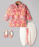 Dapper Dudes Cotton Silk Knit Full Sleeves Ethnic Design Print Kurta With Dhoti & Juttis & Mala Set - Pink